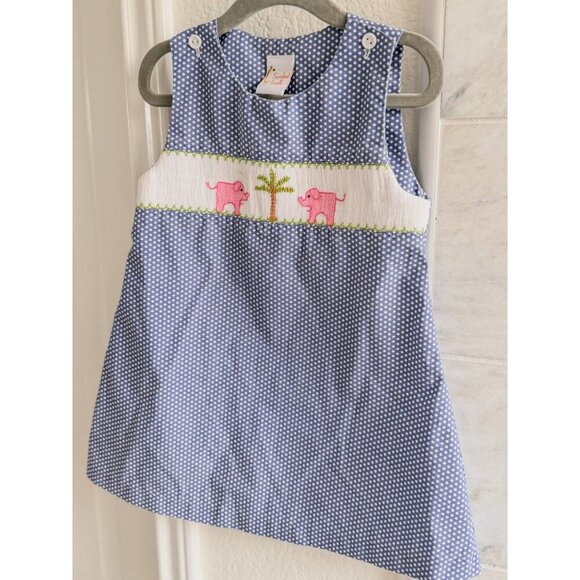 Smocked Giraffe Blue Polka Dot Dress Pink Elephants & Palm Tree Embroidery 2T - Picture 10 of 11